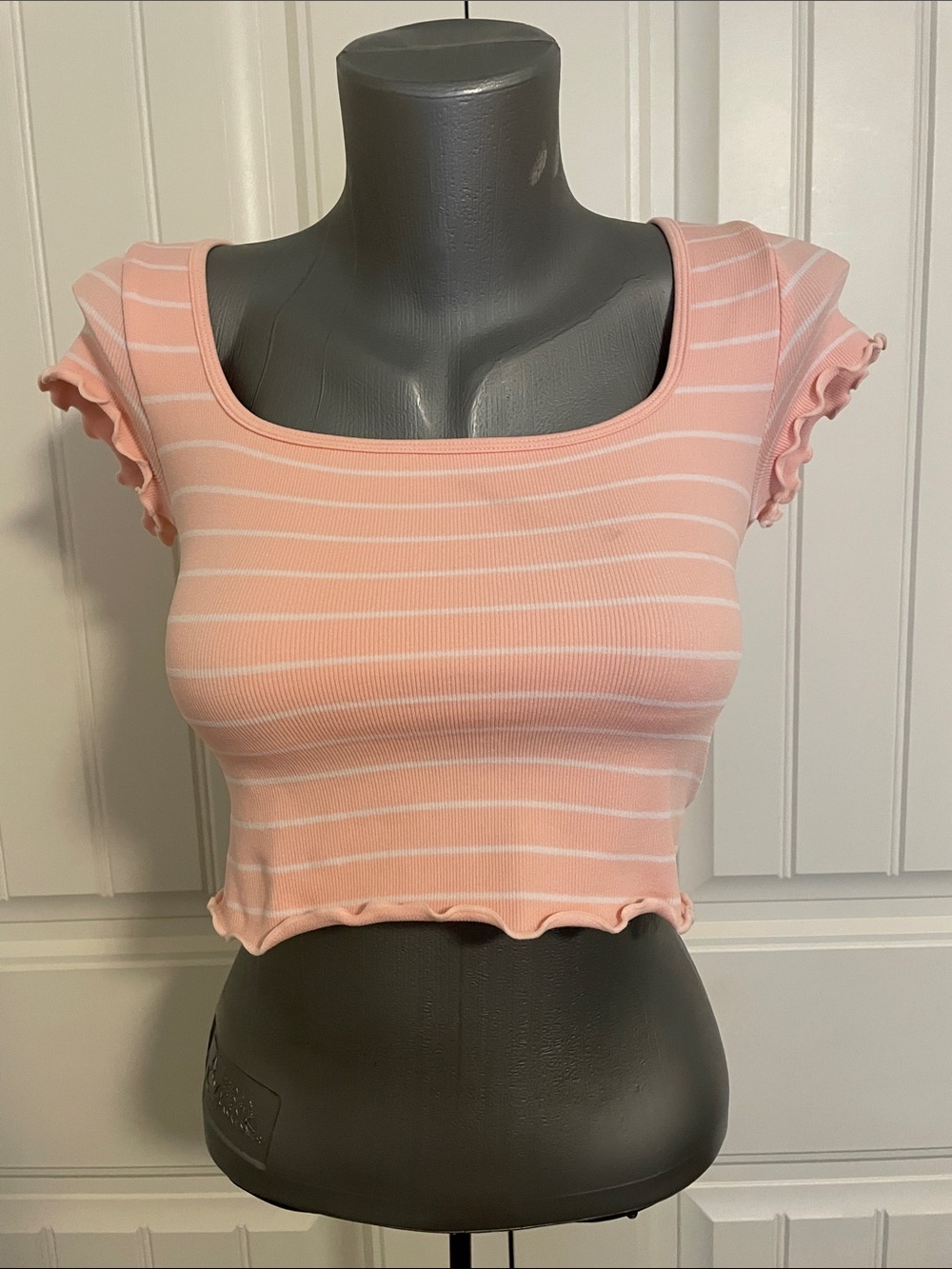 Striped Pink Square-Neck Ruffle Crop Top